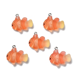 Dark Orange Opaque Resin Pendants, with Platinum Tone Iron Loops, Frosted, Fish, Dark Orange, 24.5x26.5x7mm, Hole: 2mm