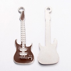 Coffee Alloy Enamel Pendants, Guitar, Lead Free and Cadmium Free, Coffee, Platinum, about 62mm long, 18.5mm wide, 2mm, thick, hole: 3mm