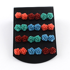 Color mezclado Coral sintética zarcillos de flores, color mezclado, 10x10 mm, pin: 0.8mm, 12pairs / tarjeta