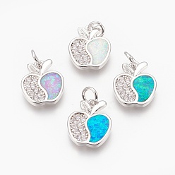 Platinum Brass Micro Pave Cubic Zirconia Pendants, with Synthetic Opal, Apple, Mixed Color, Platinum, 16x13x2mm, Hole: 4mm