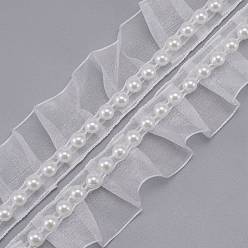 Blanco Borde de encaje de poliéster, con cuentas de perlas de imitación, piso, blanco, 1-1/8 pulgada (28 mm), 10 yarda / tarjeta