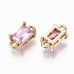 Perlas de Color Rosa Conectores de enlaces de vidrio transparente, con hallazgos de latón dorado claro, larga duración plateado, sin plomo y cadmio, Rectángulo, rosa perla, 12x6x4.5 mm, agujero: 1.4 mm