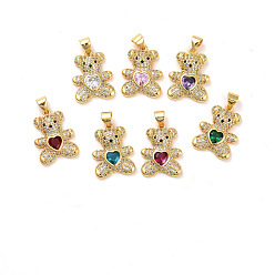 Mixed Color Brass Micro Pave Cubic Zirconia Pendants, Real 18K Gold Plated, Lead Free & Cadmium Free, Bear with Heart, Mixed Color, 19.5x14.5x4mm, Hole: 4x3.5mm