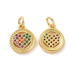Colorful Brass Micro Pave Cubic Zirconia Charms, with Jump Ring, Real 18K Gold Plated, Flat Round with Heart, Colorful, 13.5x11x2.5mm, Jump Ring: 5x0.8mm, Inner Diameter: 3.2mm