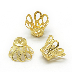 Golden Plated Iron Bead Caps, Flower, 4-Petal, Filigree, Golden, 11x8mm, Hole: 1.5mm