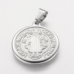 Stainless Steel Color 304 Stainless Steel Pendants, Flat Round with Saint Benedict Medal, Stainless Steel Color, 29x25x2.5mm, Hole: 4.5x7.5mm