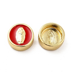 Red Brass Enamel Beads, Flat Round with Virgin Mary, Real 18K Gold Plated, Red, 11x5mm, Hole: 2mm