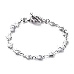 Stainless Steel Color 304 Stainless Steel Heart Link Chain Bracelets, with Steel Toggle Clasps, Stainless Steel Color, 7-1/2 inch(19cm)
