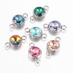 Mixed Color K9 Glass Links connectors, Faceted, with 304 Stainless Steel Findings, Flat Round, Stainless Steel Color, Mixed Color, 17.5x10x6.5mm, Hole: 2.5mm