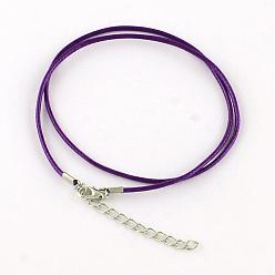Dark Violet Waxed Cotton Cord Necklace Making, with Alloy Lobster Claw Clasps and Iron End Chains, Platinum, Dark Violet, 17.4 inch(44cm)