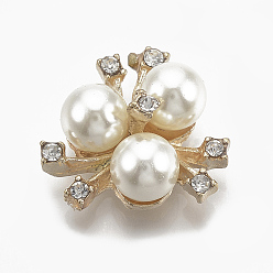 Light Gold Cabochons de aleación, Con diamantes de imitación y abs imitación de perlas de plástico., flor, blanco cremoso, la luz de oro, 20x21x8.5 mm