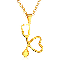 Real 18K Gold Plated SHEGRACE Stainless Steel Pendant Necklaces, with Lobster Claw Clasps and Rolo Chains, Stethoscope, Real 18K Gold Plated, 23.62 inch(60cm), Pendant: 28x38mm