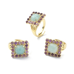 Amazonite Natural Amazonite & Amethyst Rectangle Adjustable Ring, Real 18K Gold Plated Brass Wide Ring for Women, US Size 7 1/4(17.5mm)