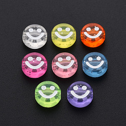 Mixed Color Transparent Acrylic Beads, with Glitter Powder, Flat Round with White Enamel Smile Face, Mixed Color, 10x5mm, Hole: 2mm, about 1450pcs/500g