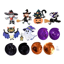 Mixed Color Halloween Paper Spiral Hanging Wall Decorations, Witch & Ghost & Cat & Pumpkin, Mixed Color, 150~180x150~224x0.2mm