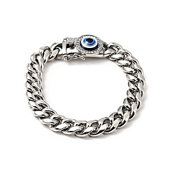 Stainless Steel Color 304 Stainless Steel Curb Chains Bracelet with Crystal Rhinestone, Resin Evil Eye Clasp Lucky Bracelet for Men Women, Stainless Steel Color, 9-3/8 inch(23.8cm)