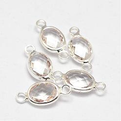 Clear Oval Faceted Silver Color Plated Brass Glass Links connectors, Clear, 15x6.5x3.2mm, Hole: 1mm
