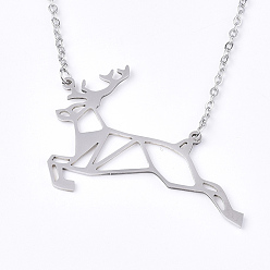 Stainless Steel Color 201 Stainless Steel Pendant Necklaces, with Cable Chains, Christmas Reindeer/Stag, Stainless Steel Color, 17.5 inch(44.5cm), 2mm, Reindeer: 42.5x36.5x1mm