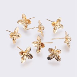 Real 18K Gold Plated Brass Stud Earring Findings, Long-Lasting Plated, Flower, Nickel Free, Real 18K Gold Plated, 10.5x11x3mm, Pin: 0.8mm