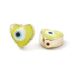 Yellow Handmade Evil Eye Lampwork Beads, with Brass Findings, Lead Free & Cadmium Free, Long-Lasting Plated, Heart, Yellow, 11~11.5x12~12.5x5.5~6mm, Hole: 1.5mm
