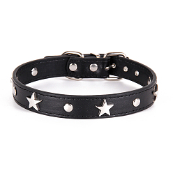 Black Adjustable Imitation Leather Pet Collars, Punk Style Alloy Star Stud Cat Dog Choker Necklace, with Iron Buckle, Black, 270~330x15mm