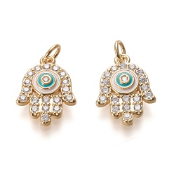 Real 20K Gold Plated Brass Micro Pave Clear Cubic Zirconia Pendants, with Enamel and Jump Rings, Long-Lasting Plated, Hamsa Hand, Real 18K Gold Plated, 17.3x12.6x3.3mm, Jump Ring: 5x0.8mm, 3.4mm Inner Diameter