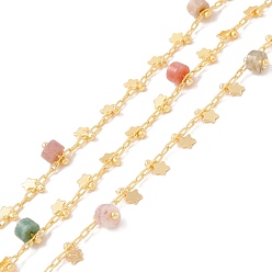 Indian Agate Natural Indian Agate Column Beaded Chains, with Brass Paperclip Chains and Star Charm, Soldered, with Spool, Lead Free & Cadmium Free, Golden, 2x1x0.5mm, 5x3x1mm