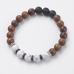Howlite Natural Lava Rock Beads Stretch Bracelets, with Wenge Wood Beads, Howlite, Coconut and Alloy Finding, 2 inch(50~52mm)