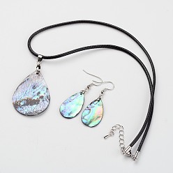 Shell Teardrop Waxed Cord Natural Paua Shell Pendant Necklaces and Earrings Jewelry Sets, with Platinum Tone Brass Lobster Claw Clasps, 14.3 inch, 2mm, 50mm, Pin: 0.8mm