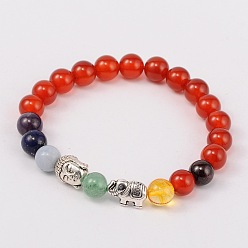 Carnelian Stretch Buddhist Jewelry Multi-Color Gemstone Chakra Bracelets, with Tibetan Style Beads, Antique Silver, Red Agate, 55mm