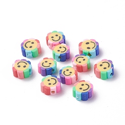 Colorful Handmade Polymer Clay Beads, Flower with Smile Face, Colorful, 9~10.5x4.5mm, Hole: 1.6mm
