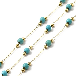 Real 18K Gold Plated Ion Plating(IP) 316 Surgical Stainless Steel Paperclip Chains, Synthetic Turquoise Beads Chain, Soldered, with Spool, Real 18K Gold Plated, Link: 2.5x0.8~1.5x0.3mm, Round: 2mm and 3.5x3mm