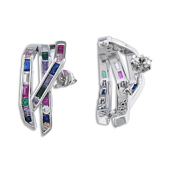 Real Platinum Plated Colorful Cubic Zirconia Claw Stud Earrings, Brass Jewelry for Women, Nickel Free, Real Platinum Plated, 24x11mm, Pin: 0.7mm
