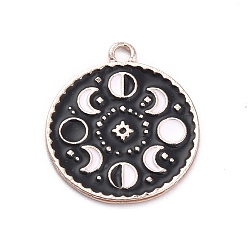 Rose Gold Alloy Enamel Pendants, Flat Round with Moon Phase Charm, Rose Gold, 23x20x1mm, Hole: 2mm