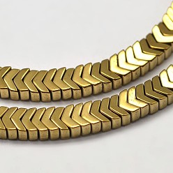 Plateado en Oro Flechas galvánico no magnéticos hebras de perlas de hematita sintética, oro chapado, 3x2x1 mm, agujero: 1 mm, 350 pcs / Hilo, 15.5 pulgada