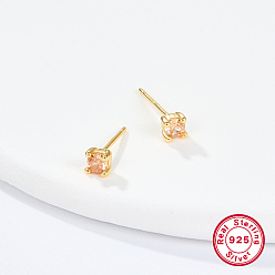 Light Salmon Golden Sterling Silver Micro Pave Cubic Zirconia Stud Earring, Square, Light Salmon, 4x4mm