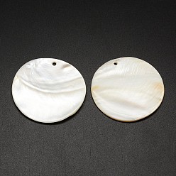 Ivoire Plats ronds pendentifs coquille d'eau douce, blanc crème, 44~46x3mm, Trou: 2mm