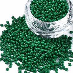Vert Foncé Perles de rocaille en verre, cuisson des peintures, trou rond, ronde, vert foncé, 2~3x1.5~2mm, Trou: 0.8mm, environ 450 g / livre