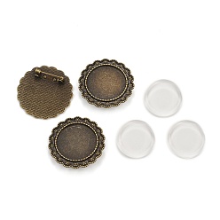 Antique Bronze 25mm Transparent Glass Cabochons and Vintage Alloy Flower Brooch Cabochon Bezel Settings, Nickel Free, Antique Bronze, Cabochon Setting: 35.5mm, Tray: 25mm, Pin: 0.8mm