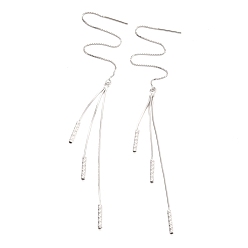 Platinum Rhodium Plated 925 Sterling Silver Long Ear Thread, Tiny Bar with Long Chain Tassel Drop Earrings for Women, Platinum, 148mm, Pin: 0.8mm