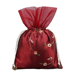 Rojo Oscuro Bolsas de flores con bordado de seda, bolsa con cordón, Rectángulo, de color rojo oscuro, 25x16 cm