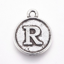 Letter R Tibetan Style Alloy Charms, Flat Round with Letter, Antique Bronze, Letter.I, 15x12.5x2mm, Hole: 1.5mm