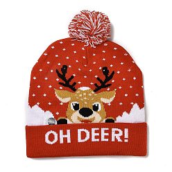 Deer LED Light Up Christmas Acrylic Fibers Yarn Cuffed Beanies Cap, Winter Warmer Knit Hat for Women, with Built-in Battery and Switch, Deer, 285x240x13.5mm, Inner Diameter: 145mm