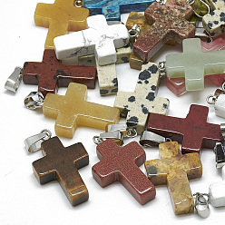 Mixed Stone Natural & Synthetic Mixed Stone Pendants, with Stainless Steel Snap On Bails, Cross, 29~30x18~19x5~6mm, Hole: 6x4mm