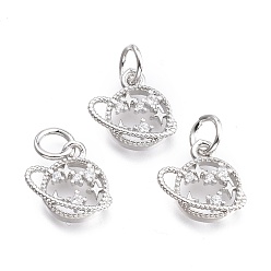 Real Platinum Plated Brass Micro Pave Cubic Zirconia Pendants, with Jump Ring, Planet with Star, Clear, Real Platinum Plated, 10.5x10.5x1.8mm, Ring: 5x0.7mm, Hole: 3.3mm