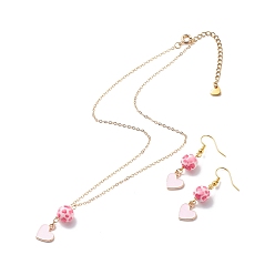 Pink Alloy Enamel Heart with Resin Beaded Pendant Necklace Dangle Earrings, Valentine Theme Jewelry for Kids, Pink, 15.98 inch(40.6cm), 47mm