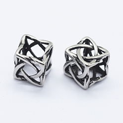 Antique Silver 304 Stainless Steel Beads, Large Hole Beads, Hollow Cube, Antique Silver, 8x8x8mm, Hole: 6x6mm