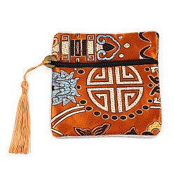 Dark Orange Chinese Brocade Tassel Zipper Jewelry Bag Gift Pouch, Square with Flower Pattern, Dark Orange, 11.5~11.8x11.5~11.8x0.4~0.5cm