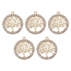 Light Gold Alloy Crystal Rhinestone Pendants, Flat Round with Tree Charms, Nickel, Light Gold, 21.5x19x2mm, Hole: 1.4mm