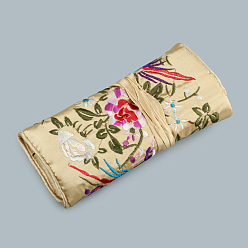 Blé Pochettes en rouleau à fermeture éclair en soie rectangle rétro, sacs de rangement de bijoux de fleurs brodées avec corde à cordon, blé, 20x9 cm, ouvert: 27x20 cm